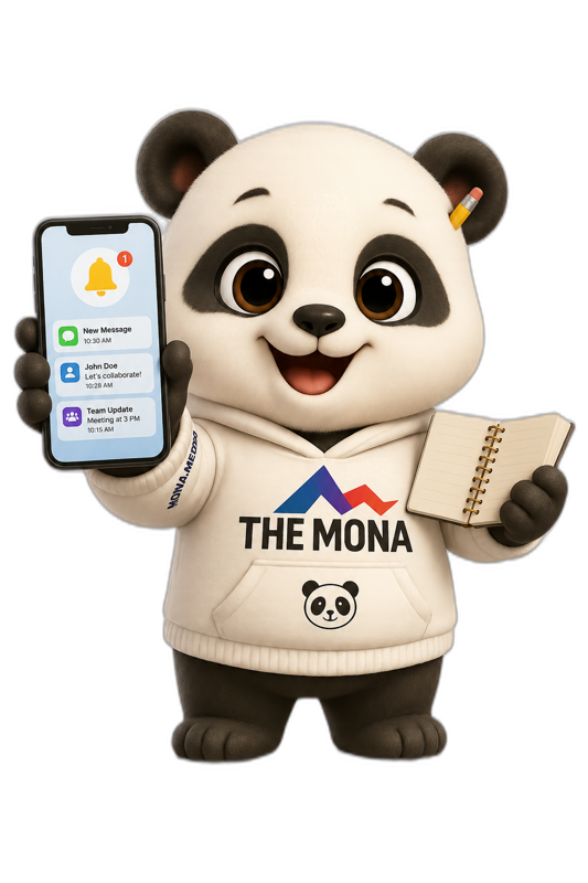 Gấu Liên Lạc MONA cầm điện thoại thông báo cho phụ huynh